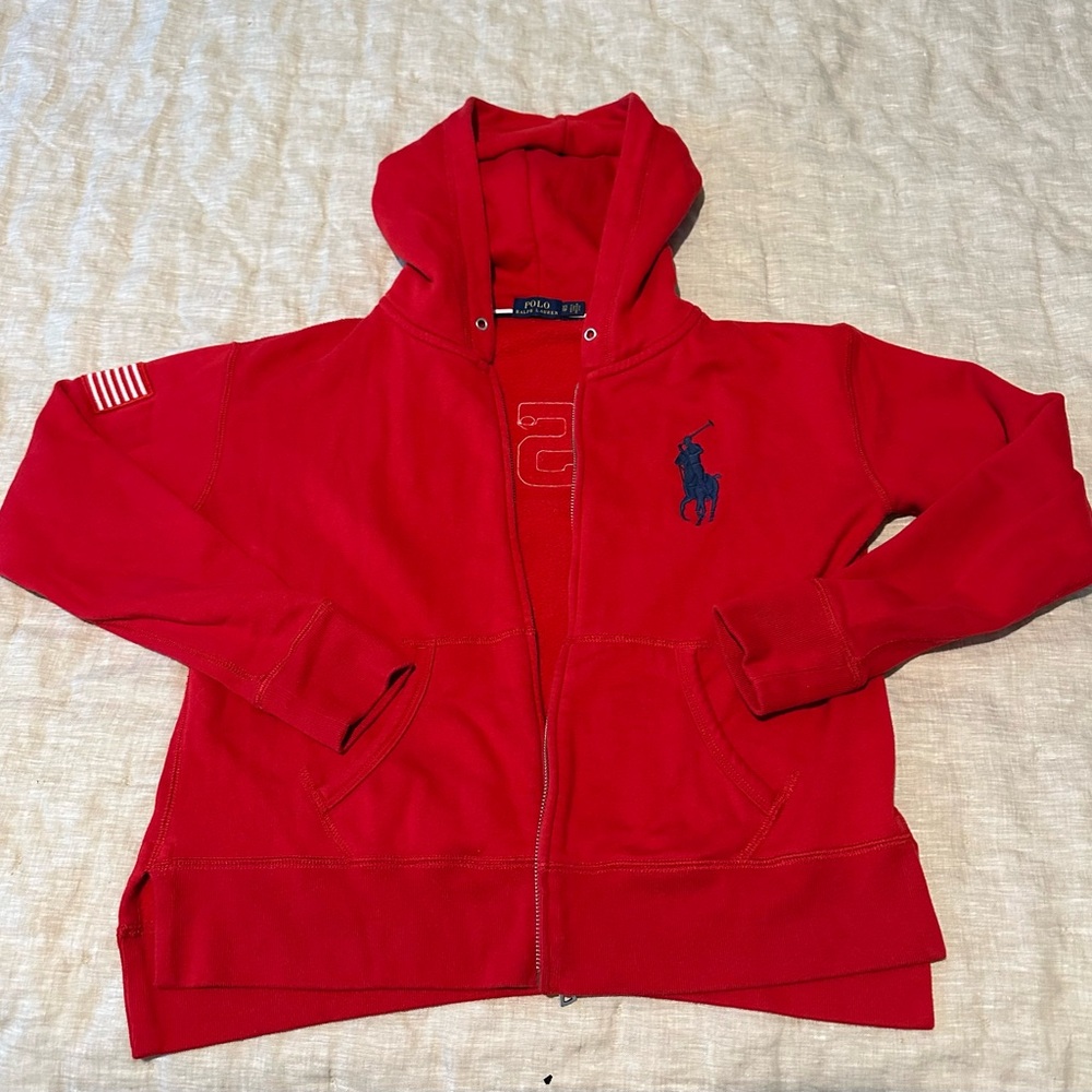 Polo by Ralph Lauren Red Hooded Zip Jacket with Navy Pony